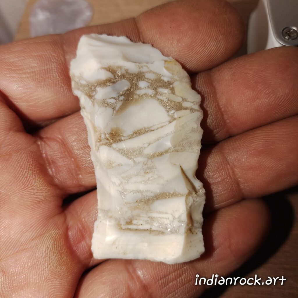 IndianRock.art translucent skull knife (front) - random surface stone(rss), ultra-rare, translucent, knapped, flawless, medium grade, composition not identified
