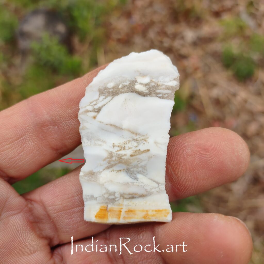 IndianRock.art translucent skull knife (rear) - random surface stone(rss), ultra-rare, translucent, knapped, flawless, medium grade, composition not identified
