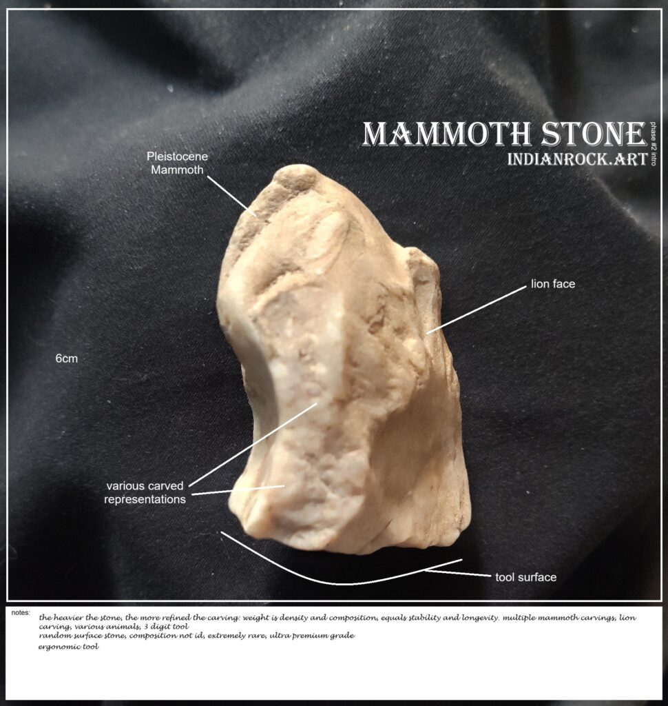 IndianRock.art Mammoth Stone - IndianRock.art authenticated, rss, cni, ultra rare, flawless, ultra-premium grade, multiple images of Pleistocene megafauna and human profile w/feathered headdress